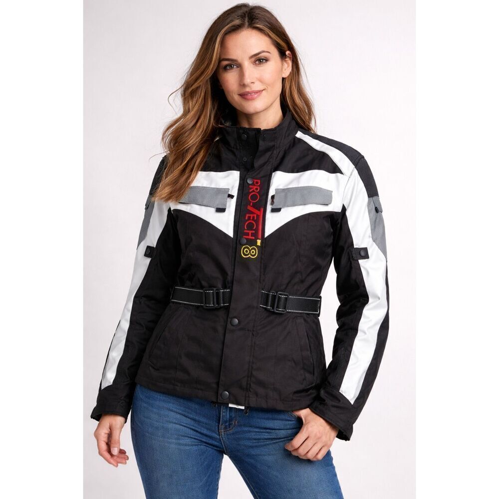 Pro-Tech 8 Motorcycle Jacket Womens Large Black White Riding Belted
